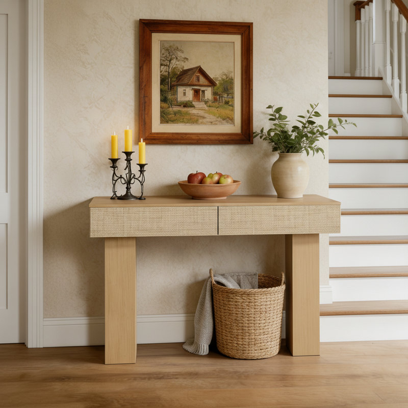 Console de 45,1 po avec 2 tiroirs en rotin et table d'entrée étroite