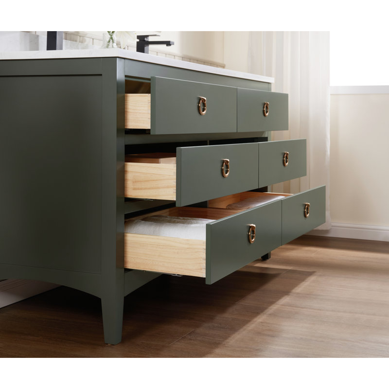 60" Solid Wood Sink Vanity With 1" Artificial Stone Top, Pewter Green, Rose Gold