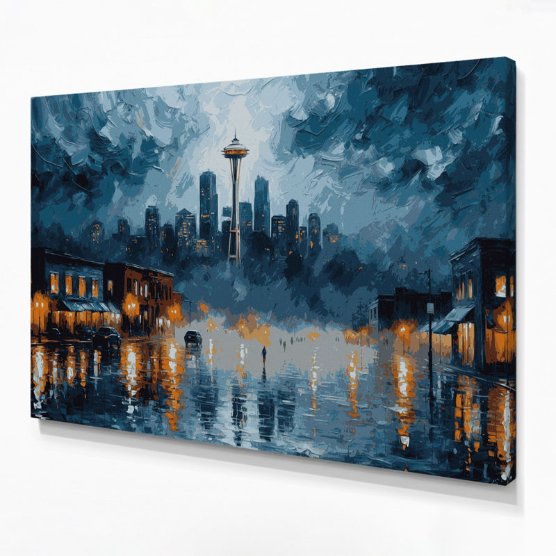 Art mural sur toile bleu avec villes Seattle, H 16 po x l 20 po