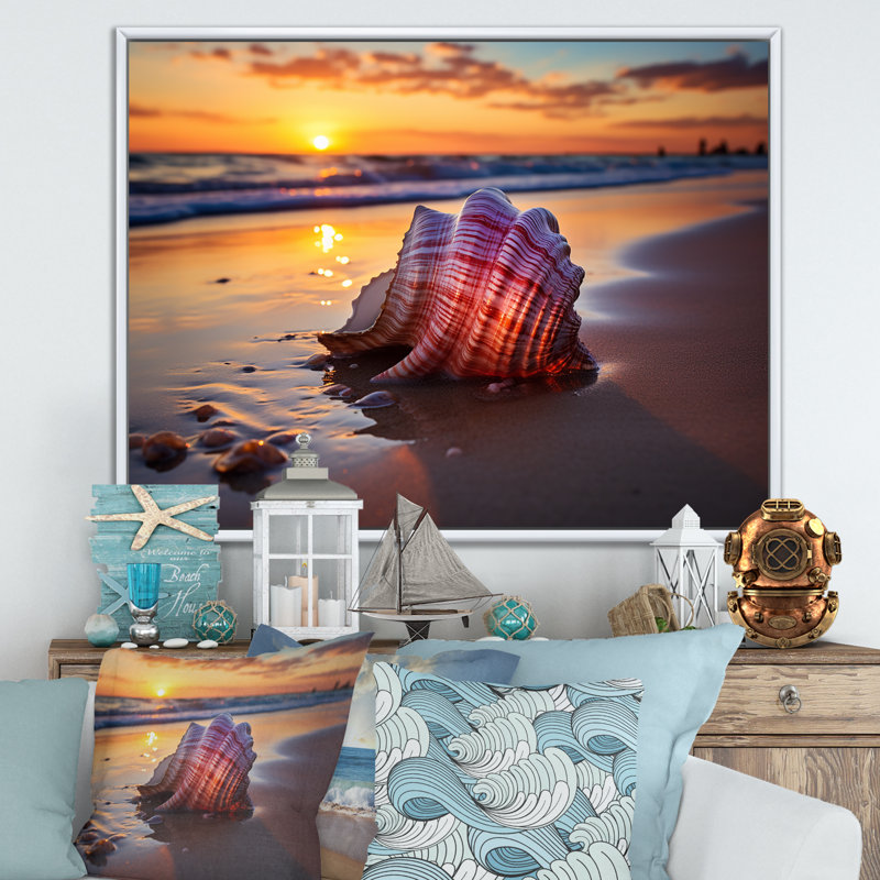 Coucher de soleil sur la plage, «Sunset Shores», art mural plage, H 12 po x l 20 po x P 1 po, Cadre flottant blanc