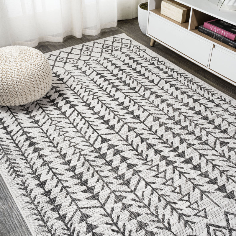 Whipe Bohemian Geometric Ivory/Black Indoor/Outdoor Rug, Rectangle 3'11" x 6'