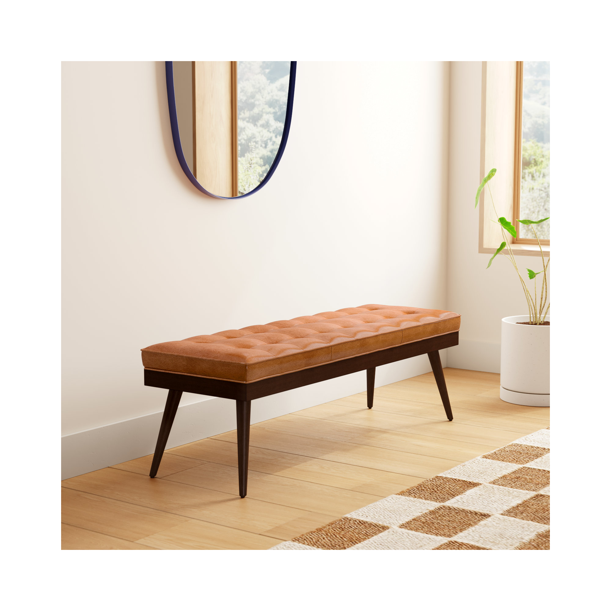 Luca Full-Grain Italian Genuine Leather Bench, Cognac Tan