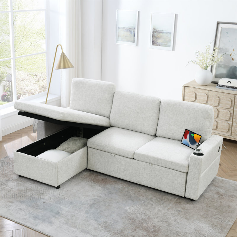 Canapé-lit modulaire convertible en L avec porte-gobelet, Lin beige