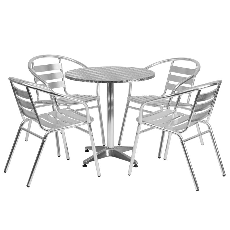 Johannette Round Aluminum Indoor-Outdoor Restaurant Dining Table Set with 4 Slat Back Chairs, 27.5" D x 27.5" W x 27.25" H