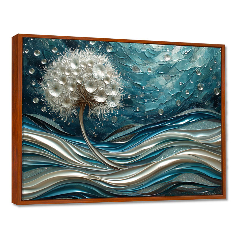Pissenlit argenté dans des vagues turquoise éclatantes - Pissenlit, impression d'art mural, Toile avec cadre flottant brun