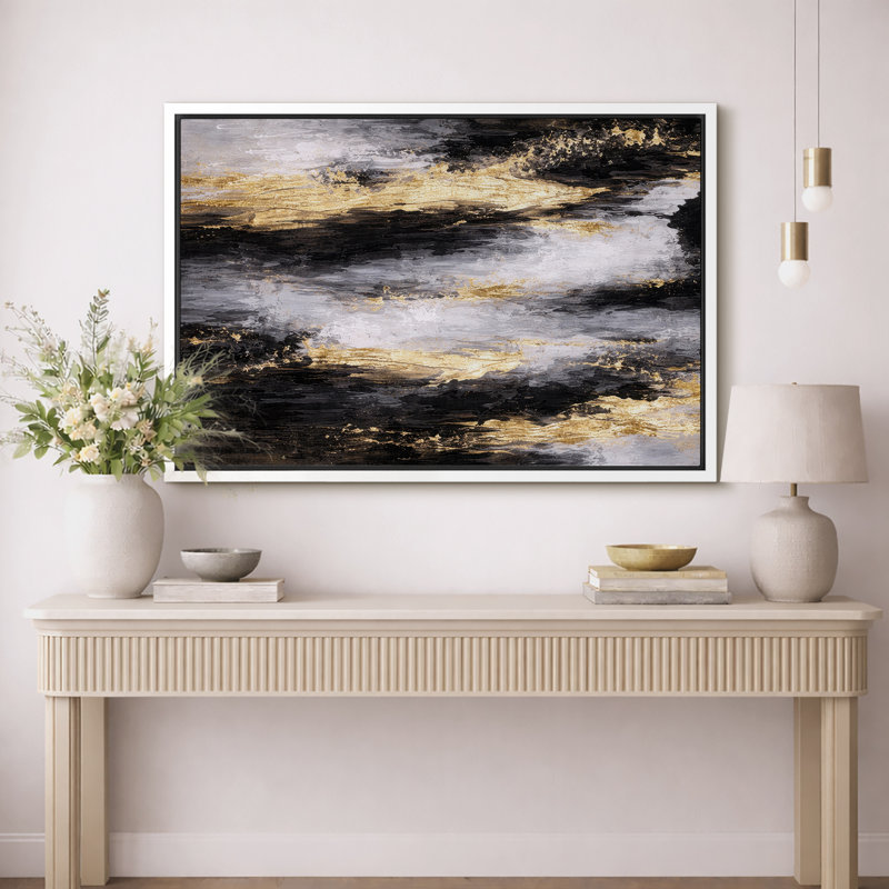 Œuvre d'art abstrait noir et doré, images de salon contemporain, impression sur toile encadrée, H 16 po x l 24 po x P 1,5 po
