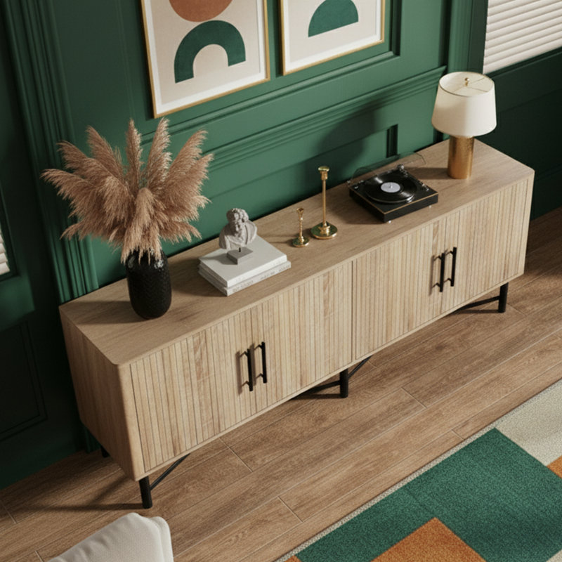 Meuble télé 66 pouces de large pour téléviseur de 65 po ou moins, console multimédia moderne à 4 portes avec tablettes réglables et pieds en métal
