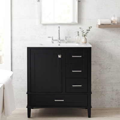 Meuble-lavabo autoportant en céramique blanche 30 po avec armoire en bois massif noir et panneau de fibres à densité moyenne, 1 porte, 3 tiroirs, poignées en alliage de zinc, sans robinet, trois trous, ensemble central de 4 po, noir