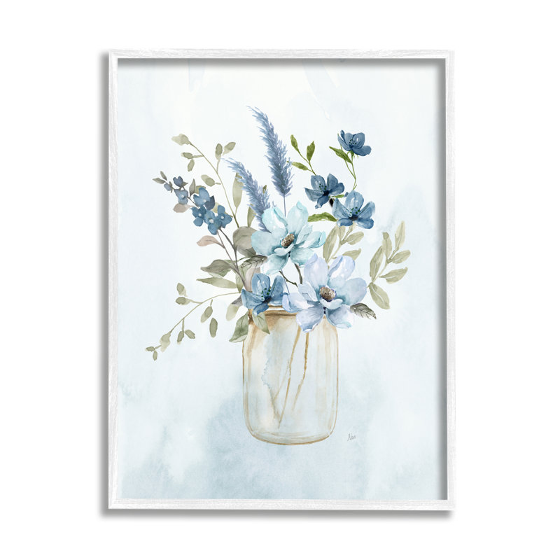 Bb-126-Bouquet floral bleu encadré sur bois par Nan, H 30 po x l 24 po x P 1,5 po, Giclée encadrée blanc bord de mer