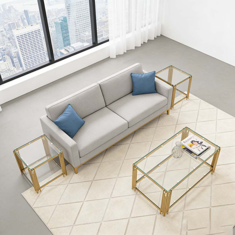 Ensemble de 3 tables de salon avec 1 table basse et 2 tables de bout, Transparent