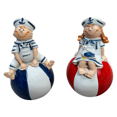 Set Of 2 Sailor Boy And Girl On Beach Balls Figurines