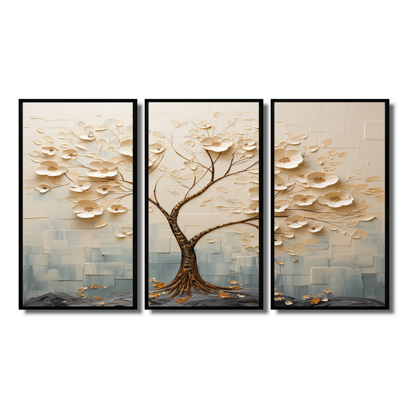Arbre avec fleurs blanches Morning Glory - ensemble de reproductions d'art mural arbre floral, Cadre flottant noir