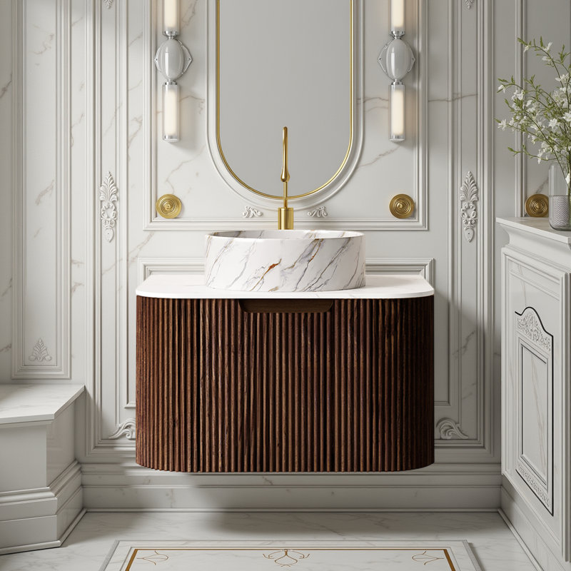 Meuble-lavabo flottant - comptoir en céramique blanche et comptoir en pierre (pré-assemblé, sans robinet), Brun, 24"