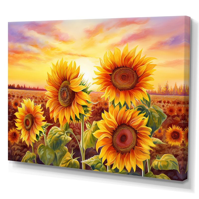 «Burning Sunset Sunflowers Field» sur toile, Toile tendue, H 16 po x l 32 po x P 1 po