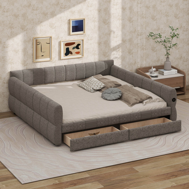 King Size Upholstered Daybed With 2 Drawers, Lambswool Day Bed Frame With USB Ports And Soft Backrest, Gray