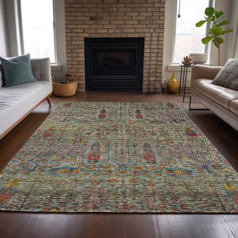 Tapis vert intérieur / extérieur lavable à la machine Xhevrie, Rectangle 5 pi x 7 pi 6 po