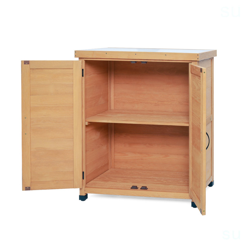 Potting Bench With Storage Cabinet And Metal Table Top For Outdoor Patio,Outdoor Work Station Table, Light Brown