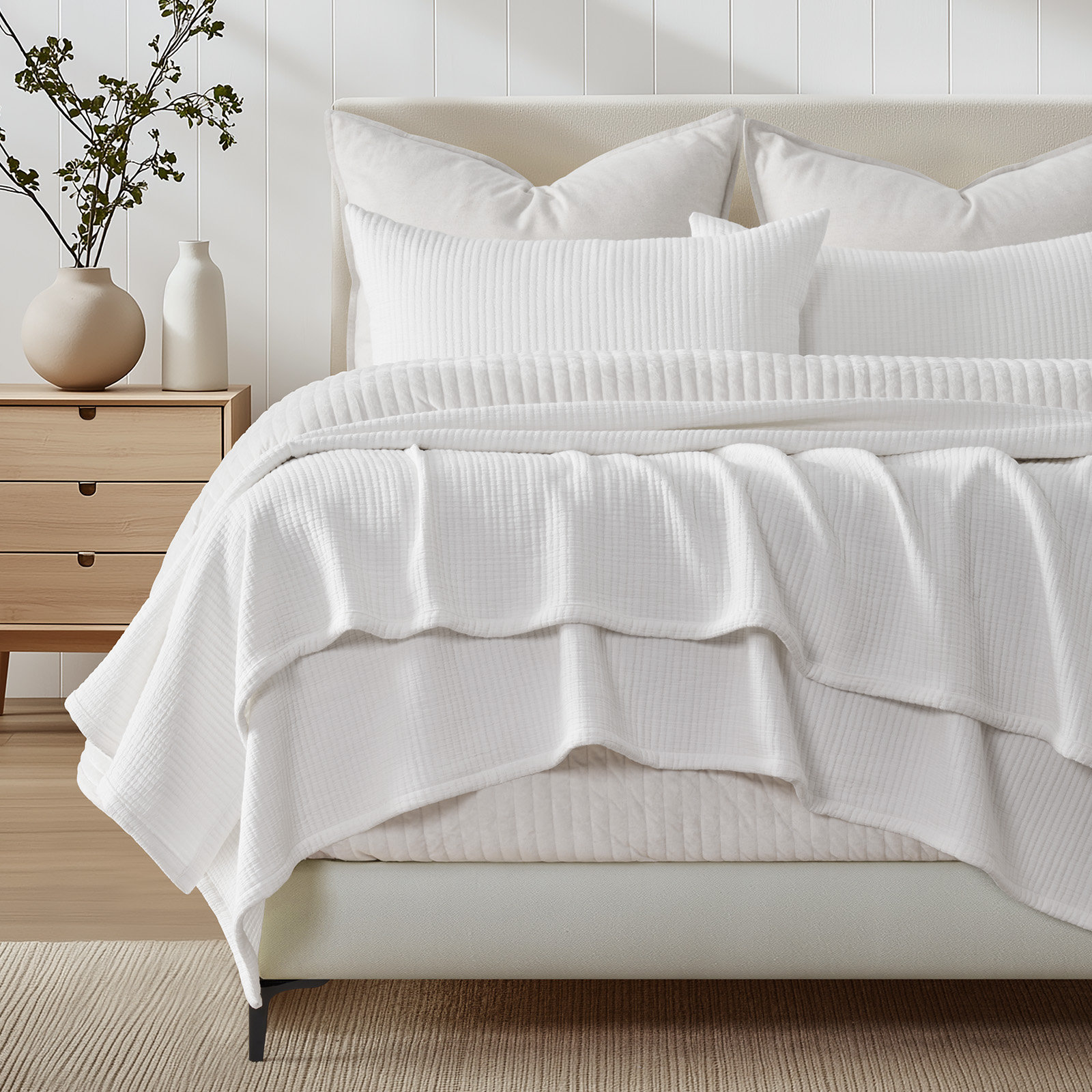 Solid Cotton Gauze Pick-stitch Matelesse Coverlet Bedspread set, Ivory White, King Quilt + 2 King Shams