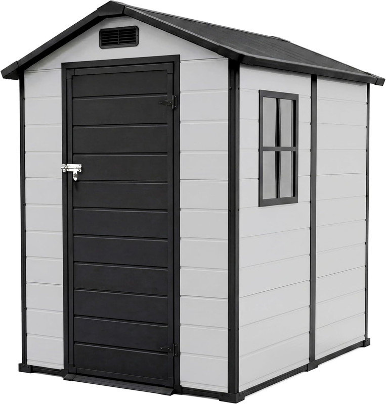 4x6 FT Outdoor Storage Shed, Plastic Resin Garden Shed with Lockable Door & Window, Black