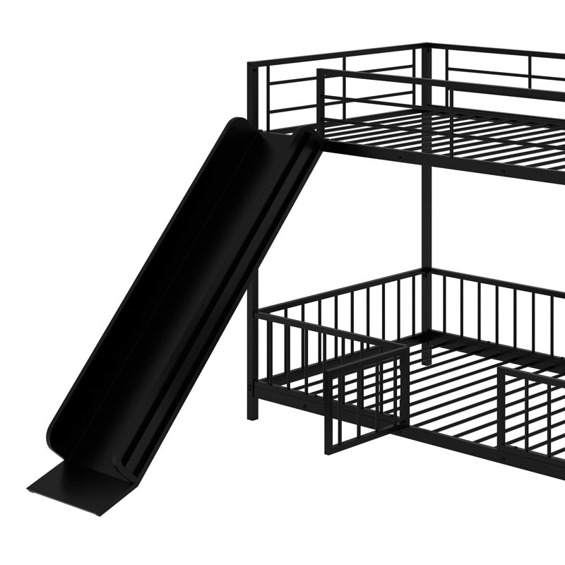 Lit superposé en métal avec glissière et garde-corps, Simple sur simple, Noir