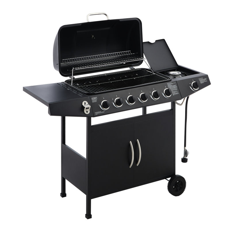Barbecue 6 brûleurs avec 59 000 grilles émaillées et zone de réchaud pour les brûleurs de barbecue au gaz propane, tables d'appoint pour le patio