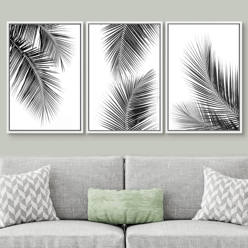 "Minimal Botanical" noir et blanc, palmier tropical, feuilles, impression sur toile encadrée moderne et organique, 3 pièces
