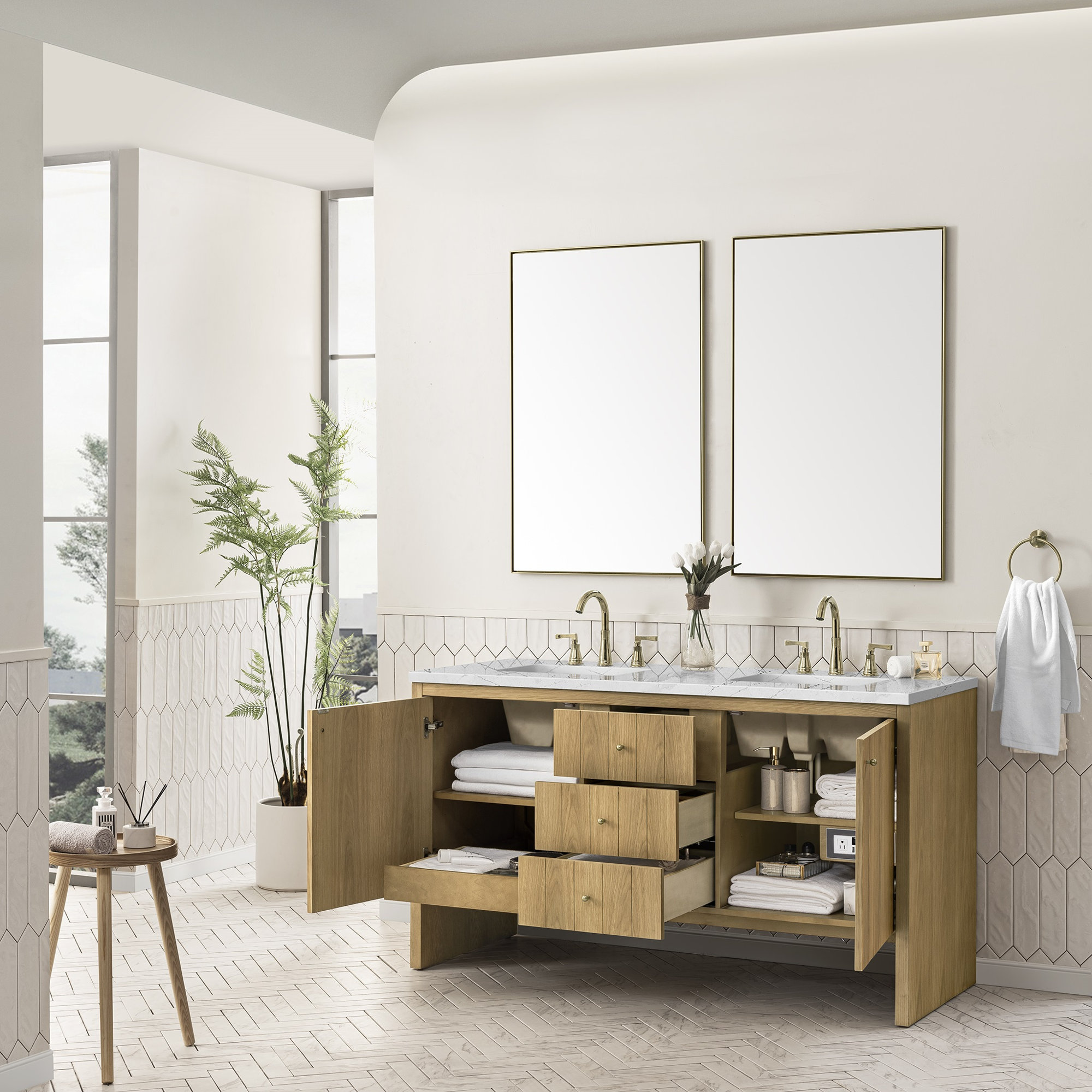Hudson 60'' Double Bathroom Vanity, 8" Widespread, Light Natural Oak, Ethereal Noctis