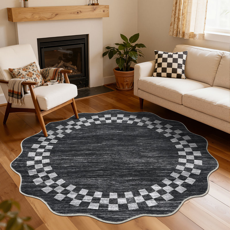 Scalloped Area Rugs Modern Bordered Accent Carpet,Non-Slip Floor Cover,Stain-Resistant Indoor Mat for Bedroom,Kitchen,Living Room