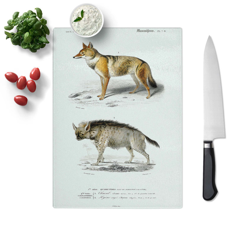 Tempered Glass Golden Jackal and Striped Hyena by Charles d'Orbigny Chopping Board, 28.5cm W x 20cm L