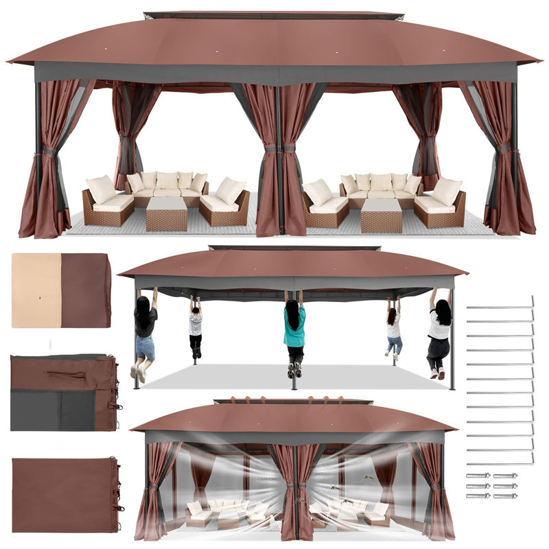 Gazebo 12x20 with Improved Cold-Proof Curtains Nettings Outdoor Gazebo, Brown