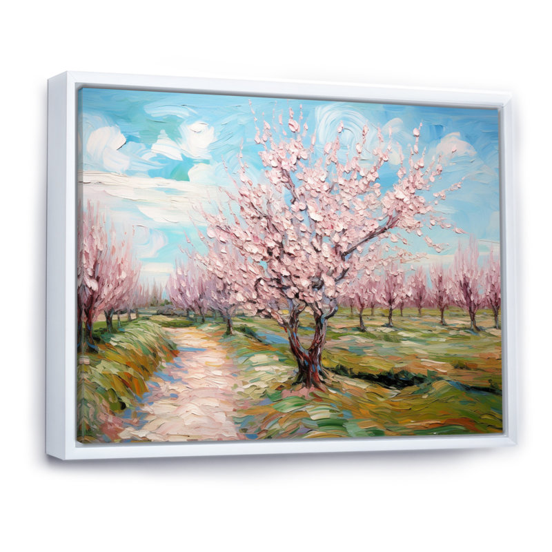 " Vangogh Blooming Cherry Trees ", White, 30" H x 40" W, Floater Framed Print