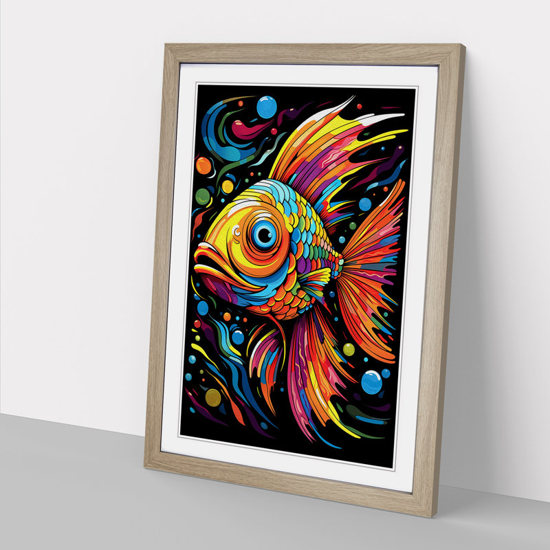 Fish Pop - Single Picture Frame Print on Wood, Oak Framed, 64cm H x 46cm W