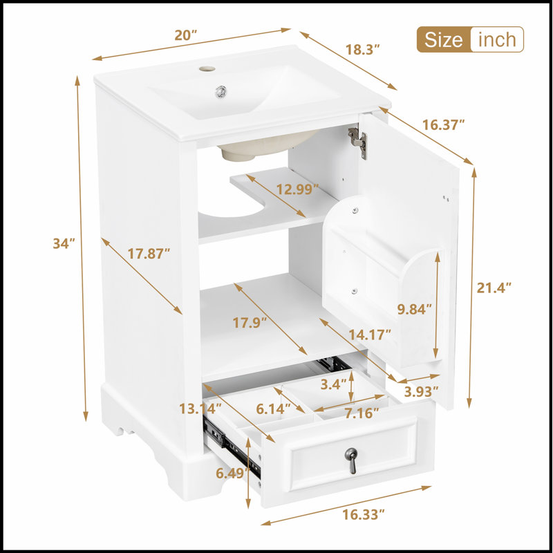 Meuble-lavabo moderne de 20 pouces avec lavabo en céramique, porte à fermeture en douceur, tablette réglable en forme de U et plusieurs options de rangement