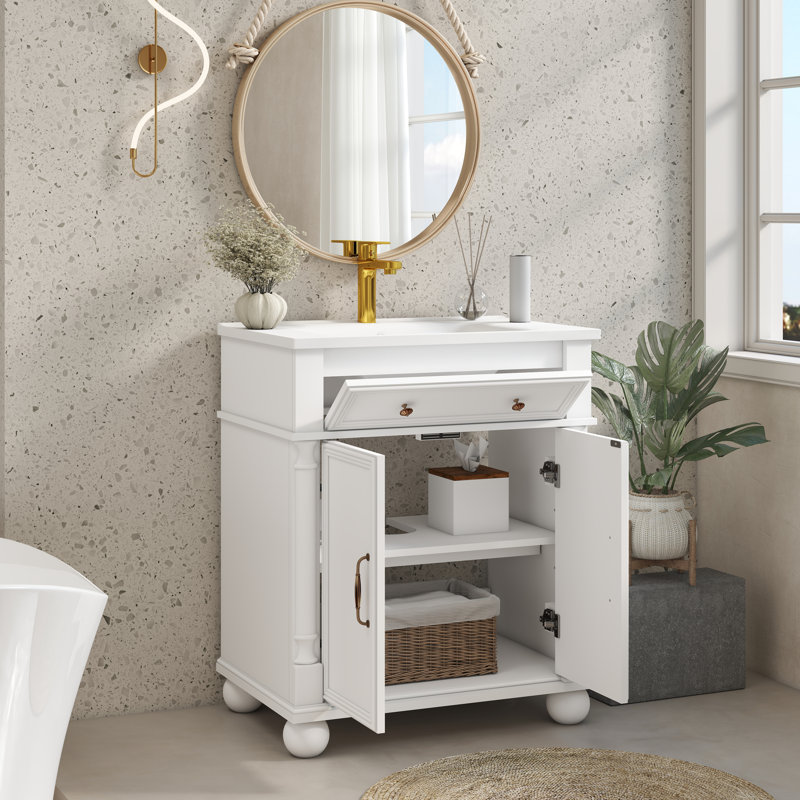 Meuble-lavabo 28 po Mid-Century avec lavabo, structure en bois massif et poignées en métal, Blanc, 28"
