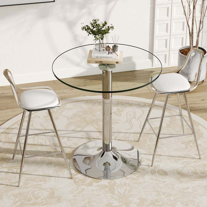 Tempered Glass Round Bar Table Set With Height Bar Stools, 3 Pieces: Table, 2 Chairs