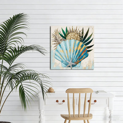 Coquillage côtier et étoile de mer, cadre en bois intégré, art mural, 16 x 16