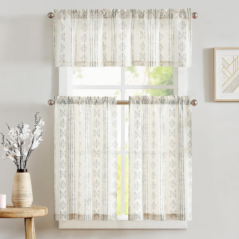 Rideaux de cuisine bohème avec passe-tringle, Gris, L 52 po x L 24 po