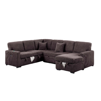 Chocolate Finish Modern Style 4Pc Convertible Sectional Set USB Port Sofa Storage Reversible Sleeper Corduroy Fabric Primary Living Room