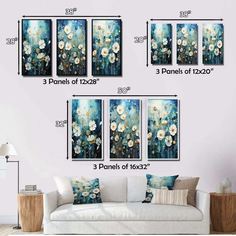 «Blue Tranquil Gardens», 3 pièces sur toile, H 32 po x l 48 po, Toile tendue