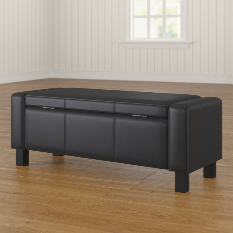 106cm Wide Faux Leather Rectangle Solid Colour Standard Ottoman with Storage, Black
