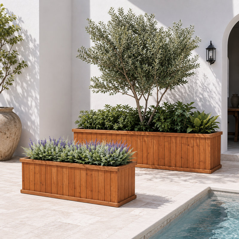 2-Piece Cedar Wood Outdoor Planter Box Set with Drainage, 48-Inch and 72-Inch Rectangular, Brown