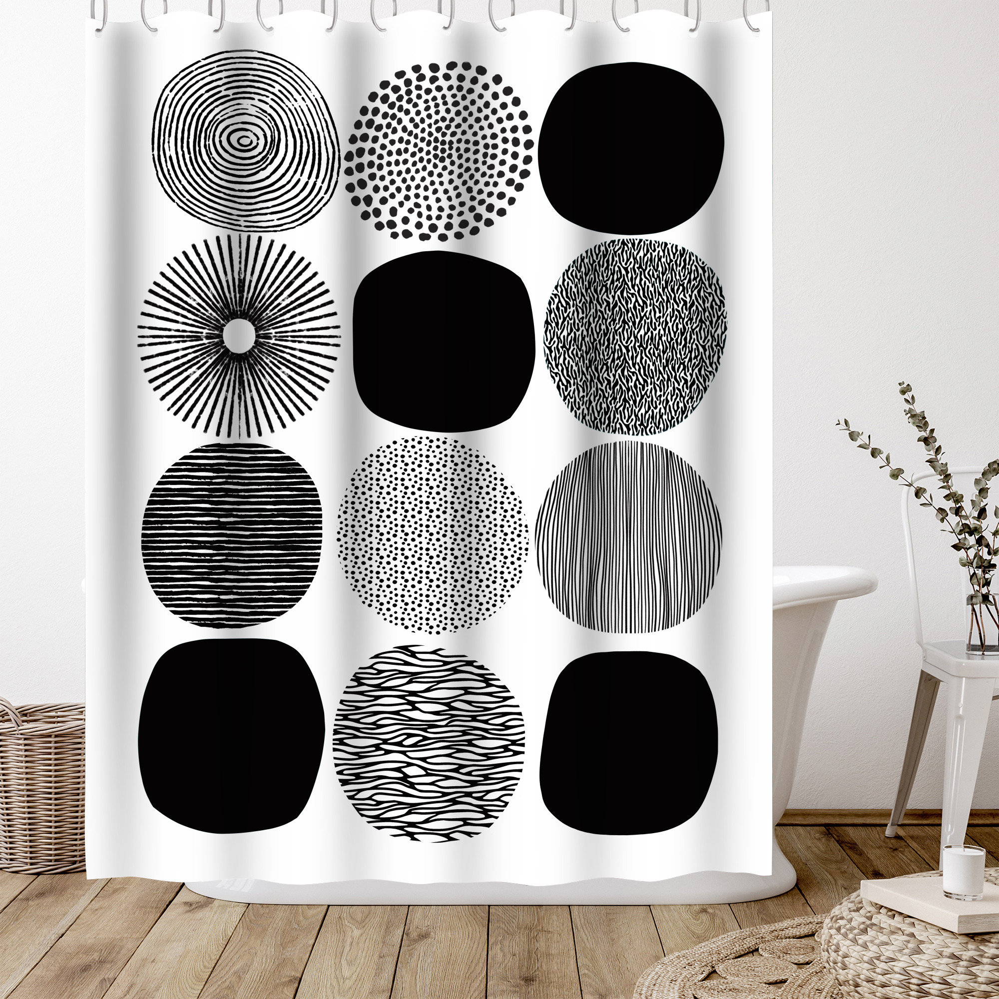 East Urban Home 71" x 74" Abstract Shower Curtain , Bw Pattern Circles