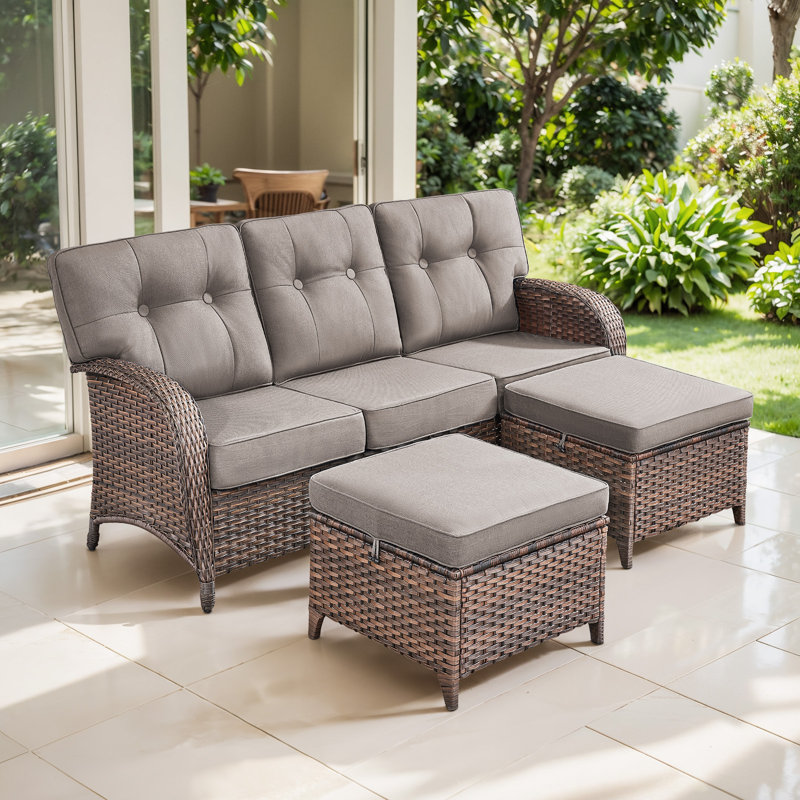 Agnes All-Weather Wicker Sofa Set With T-Back Cushions And Ottomans, Gray