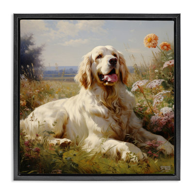 Calm Golden Retriever Landscape Brown Framed Floater Canvas Wall Art by Roozbeh Bahramali