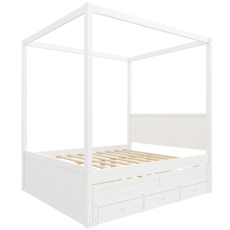 Lit plateforme à baldaquin en bois avec lit gigogne simple et 3 tiroirs, Grand lit, Blanc