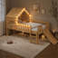 Lit mezzanine simple avec glissade, lit maisonnette avec motifs en forme d'étoile et fenêtre, design chic avec lumières DEL, pas de sommier tapissier nécessaire, naturel
