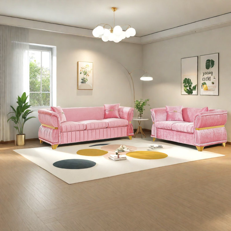 Ensemble de canapés modernes en velours rose 3 et 2 places avec garniture en métal doré pour la maison