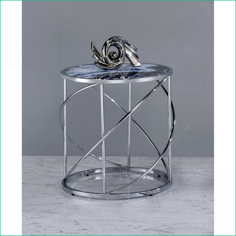 Table basse ronde en verre bleu marbré avec base en métal chromé complexe - facile à nettoyer et amp; Stable pour le salon