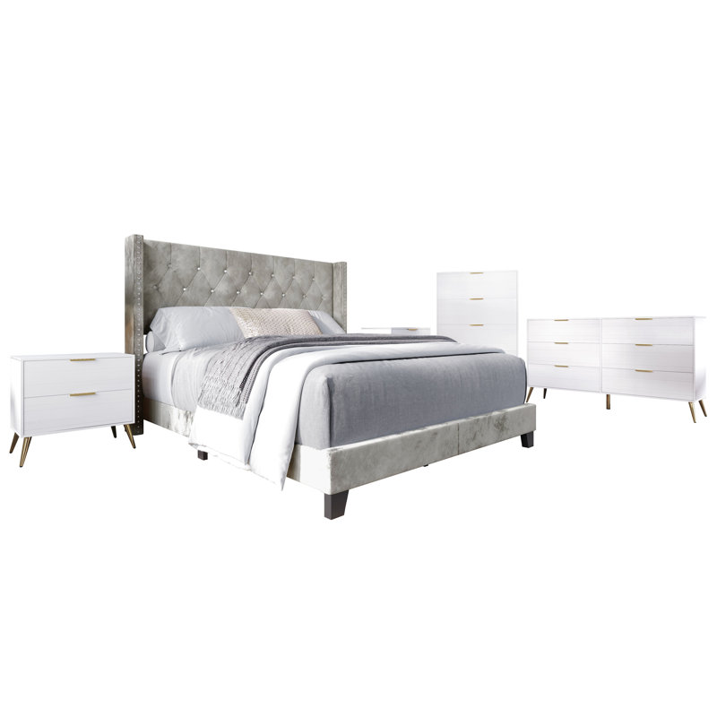Ensemble de chambre à coucher de style rustique 5 pièces Castle Place, lit à oreilles avec 2 tables de chevet, commode et commode, velours gris argenté