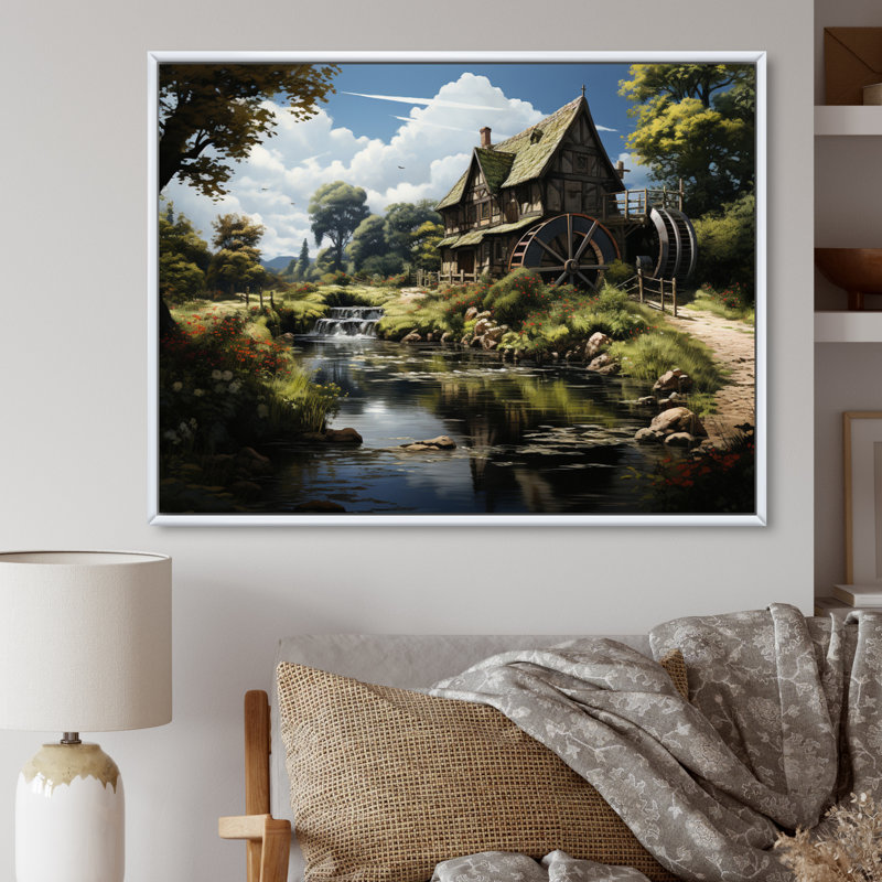 «Green Brown Mills Summer Mill Serenity», reproduction sur toile, Cadre flottant blanc, H 16 po x l 32 po x P 1 po